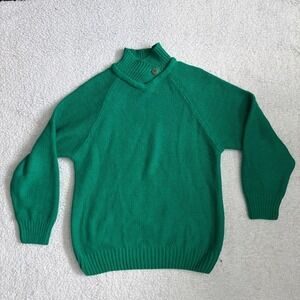 Vintage Averroe Emerald‎ Green Ramie Cotton Knit Mock Neck Button Sweater Mens M
